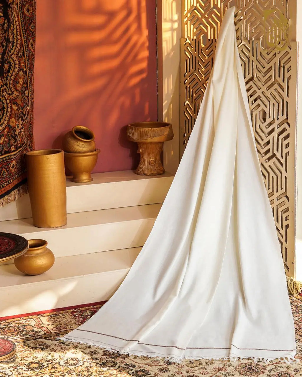 Men's Go-to Ivory Shawl with Artisan Geometric Border