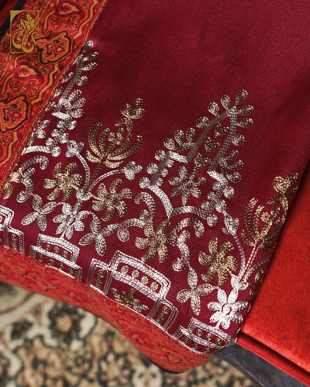The Crimson Empress Deep Ruby Red Chain Stitch Embroidery and Contrast Jacquard border