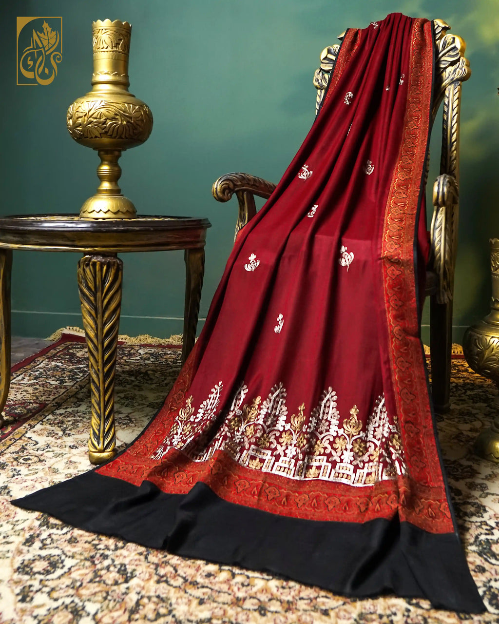 The Crimson Empress Deep Ruby Red Chain Stitch Embroidery and Contrast Jacquard border