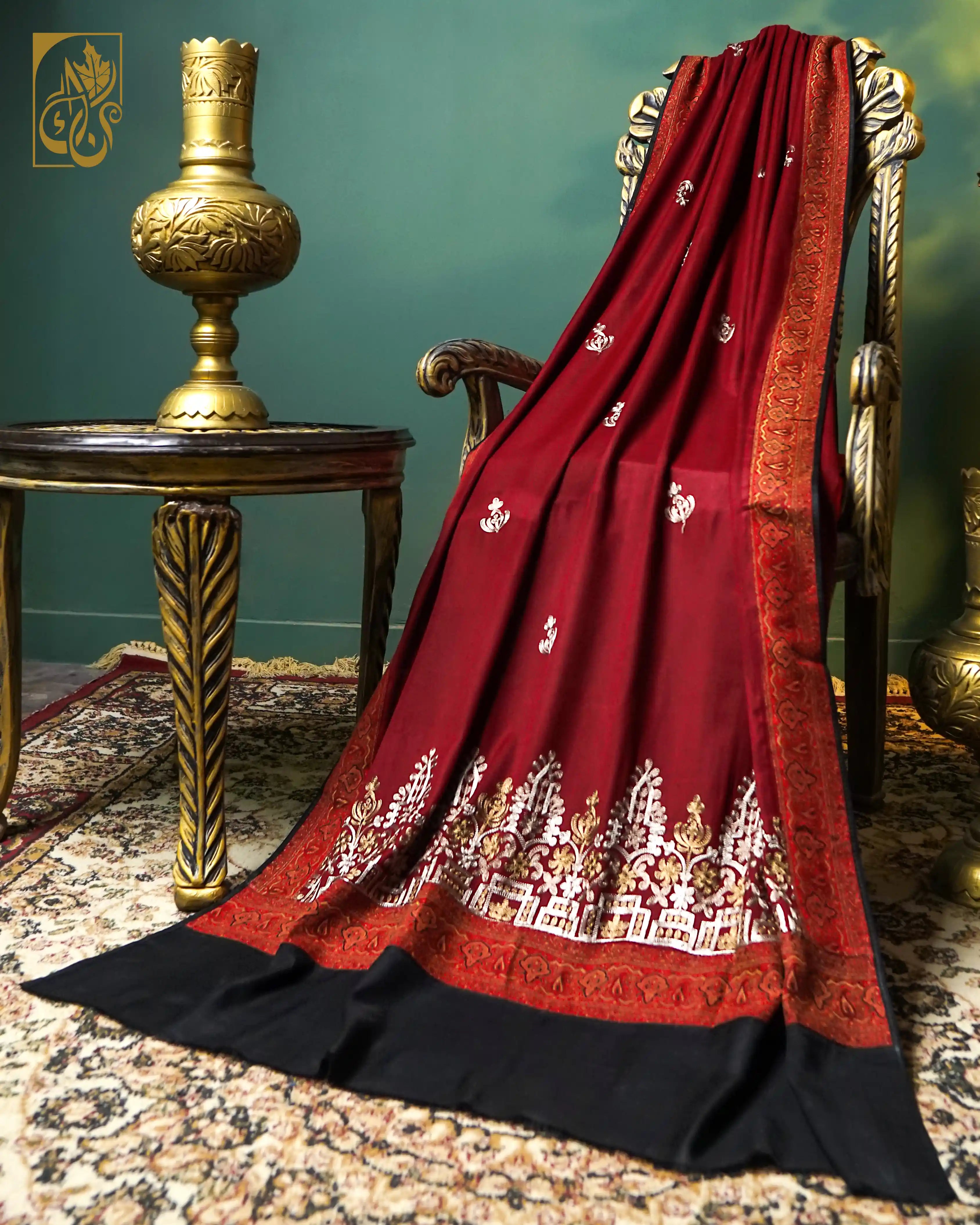 The Crimson Empress Deep Ruby Red Chain Stitch Embroidery and Contrast Jacquard border