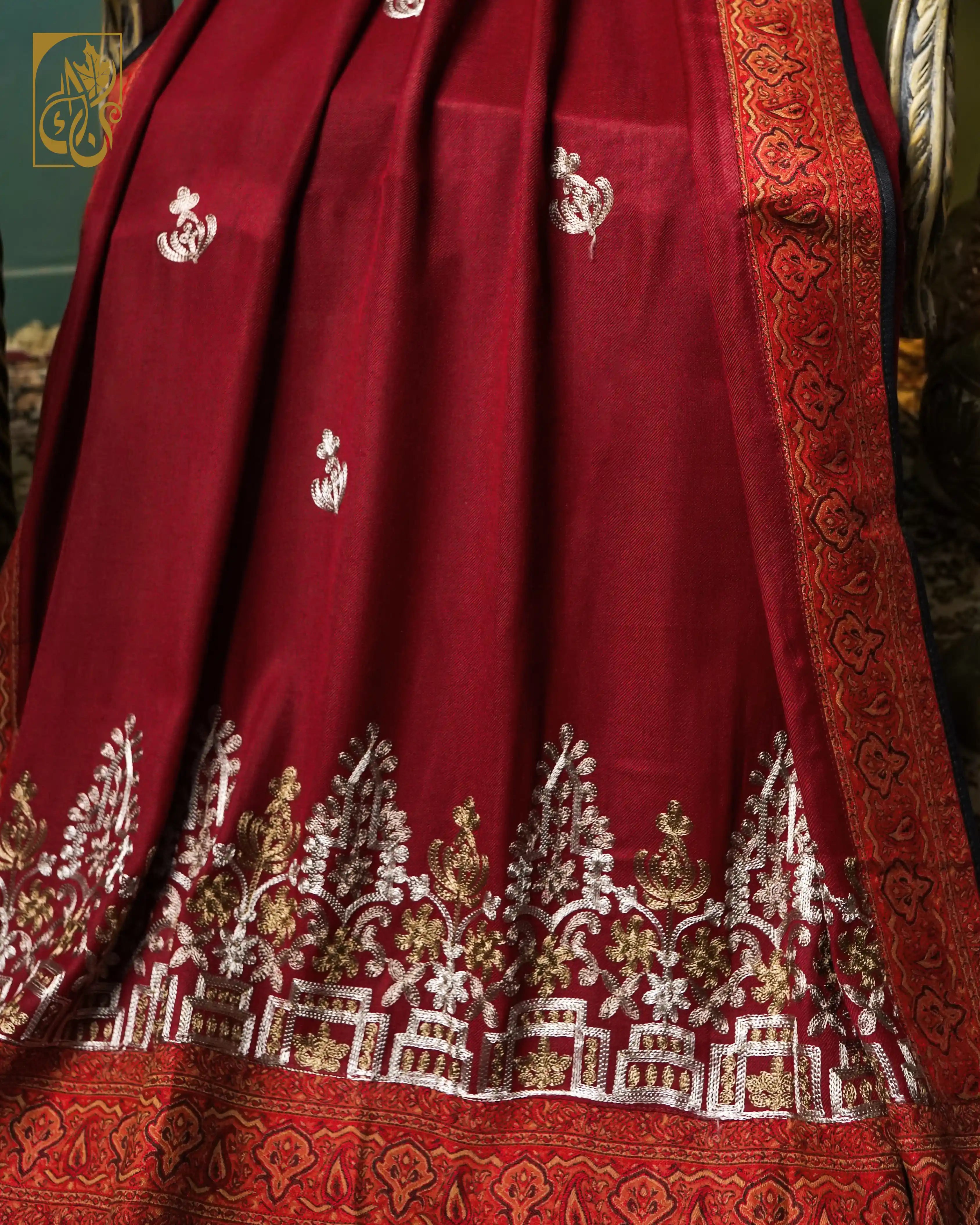 The Crimson Empress Deep Ruby Red Chain Stitch Embroidery and Contrast Jacquard border