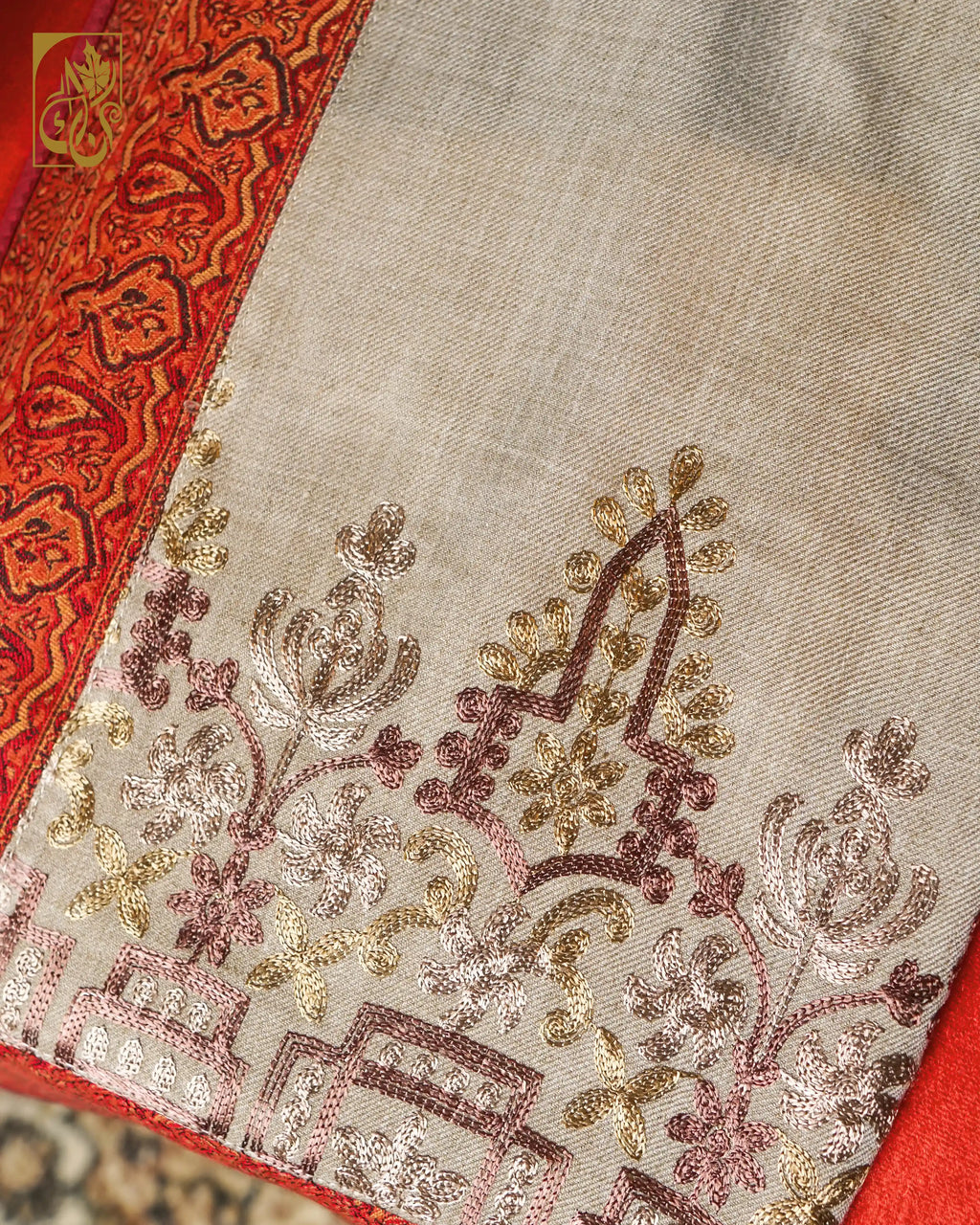 Warm Mocha Stone Beige Shawl Chain Stitch Embroidery and Jacquard border