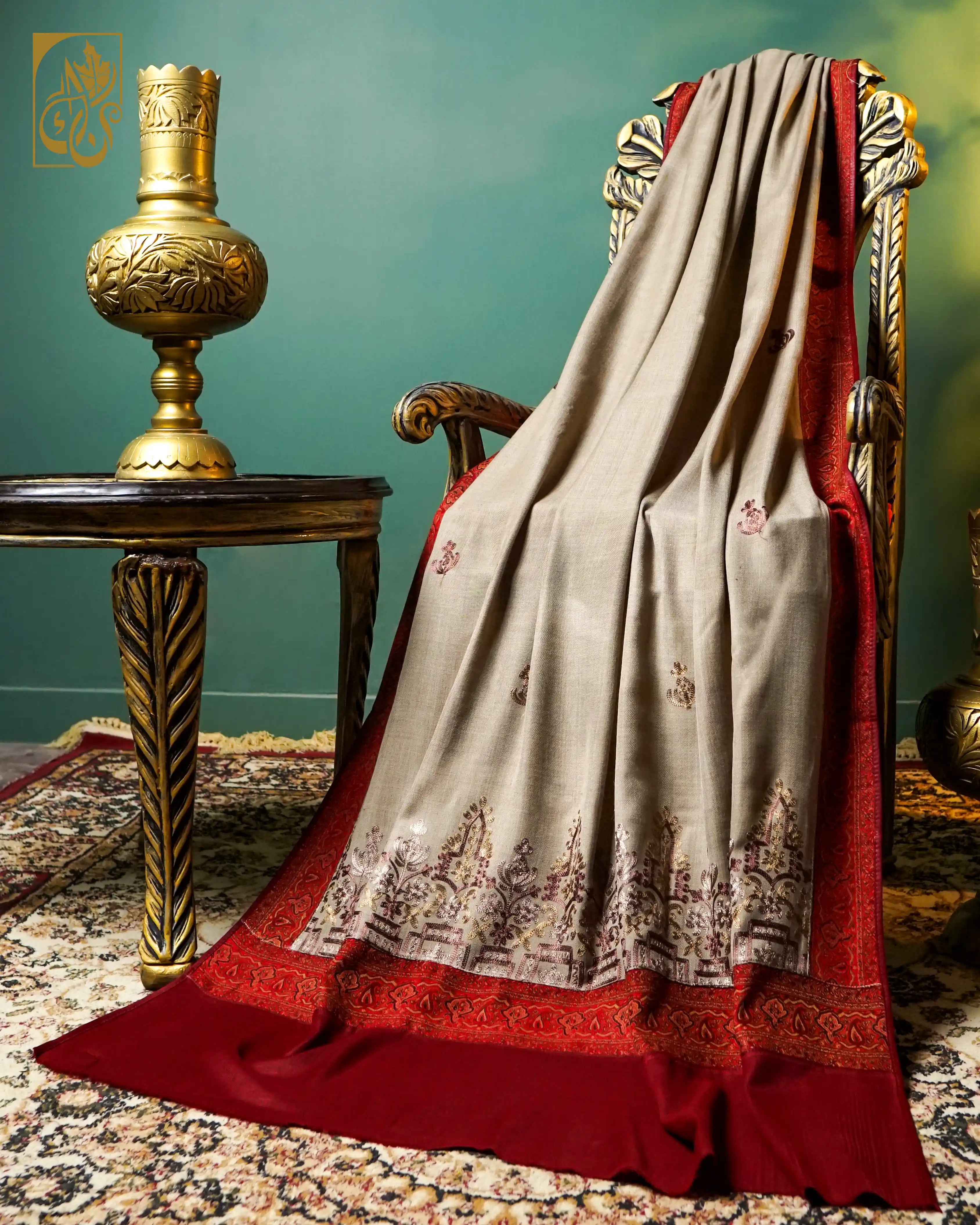 Warm Mocha Stone Beige Shawl Chain Stitch Embroidery and Jacquard border