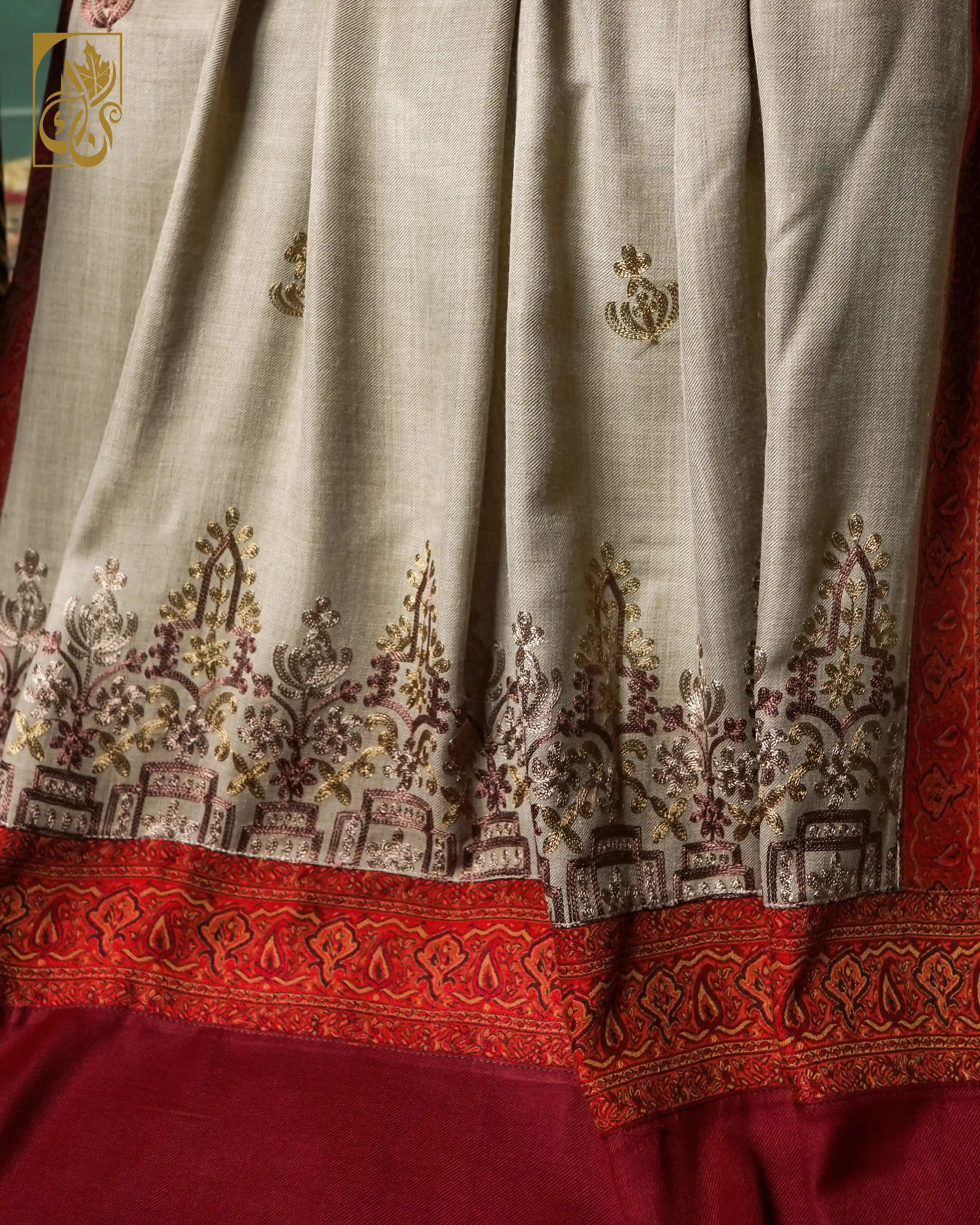 Warm Mocha Stone Beige Shawl Chain Stitch Embroidery and Jacquard border