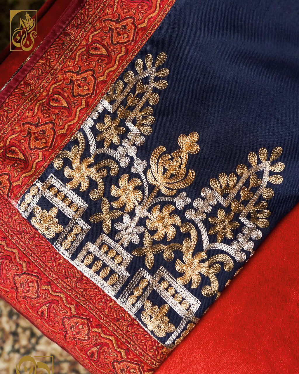 Navy, Ruby & Gold Opulence Chain Stitch Embroidery and Jacquard Border Wool Shawl