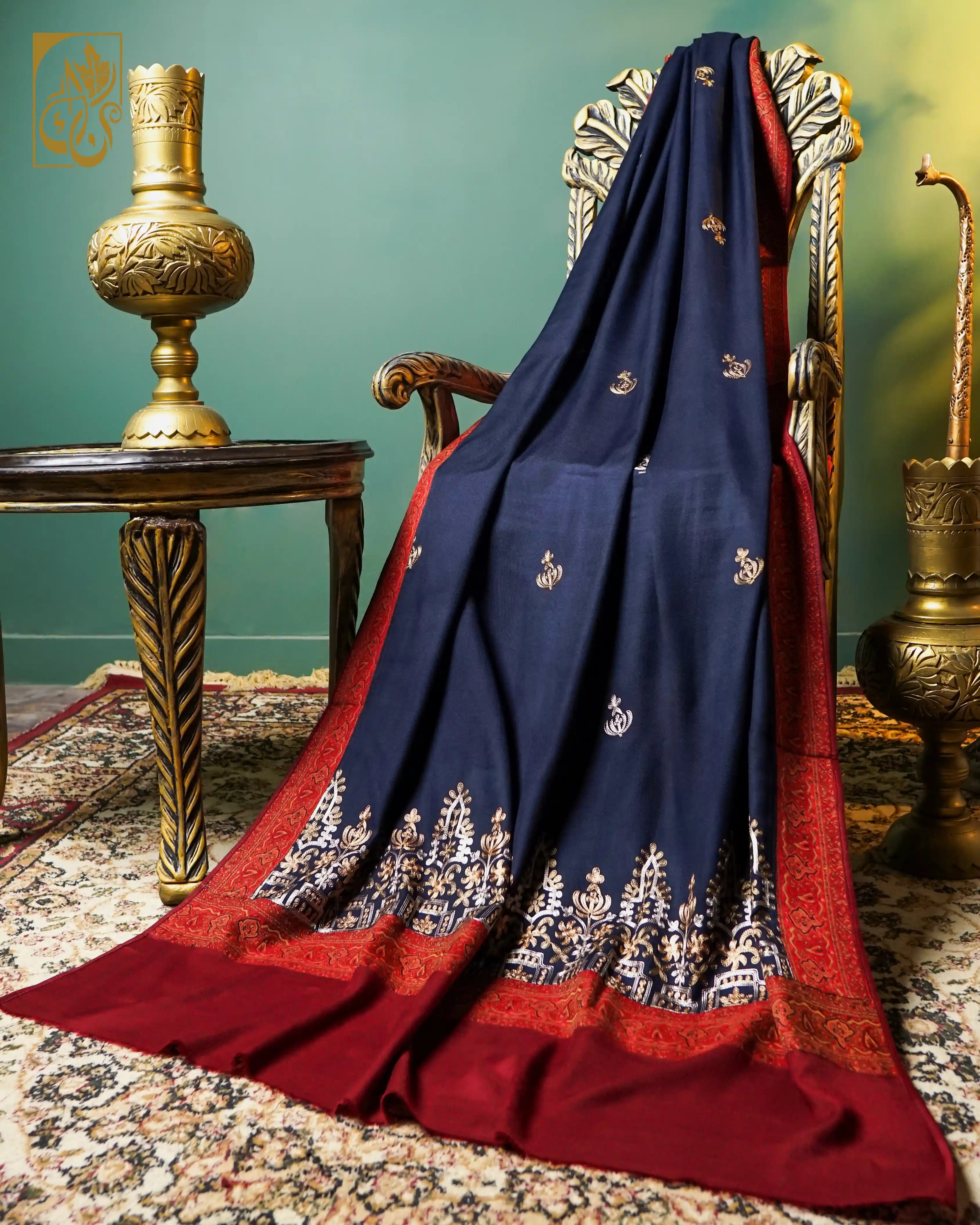 Navy, Ruby & Gold Opulence Chain Stitch Embroidery and Jacquard Border Wool Shawl