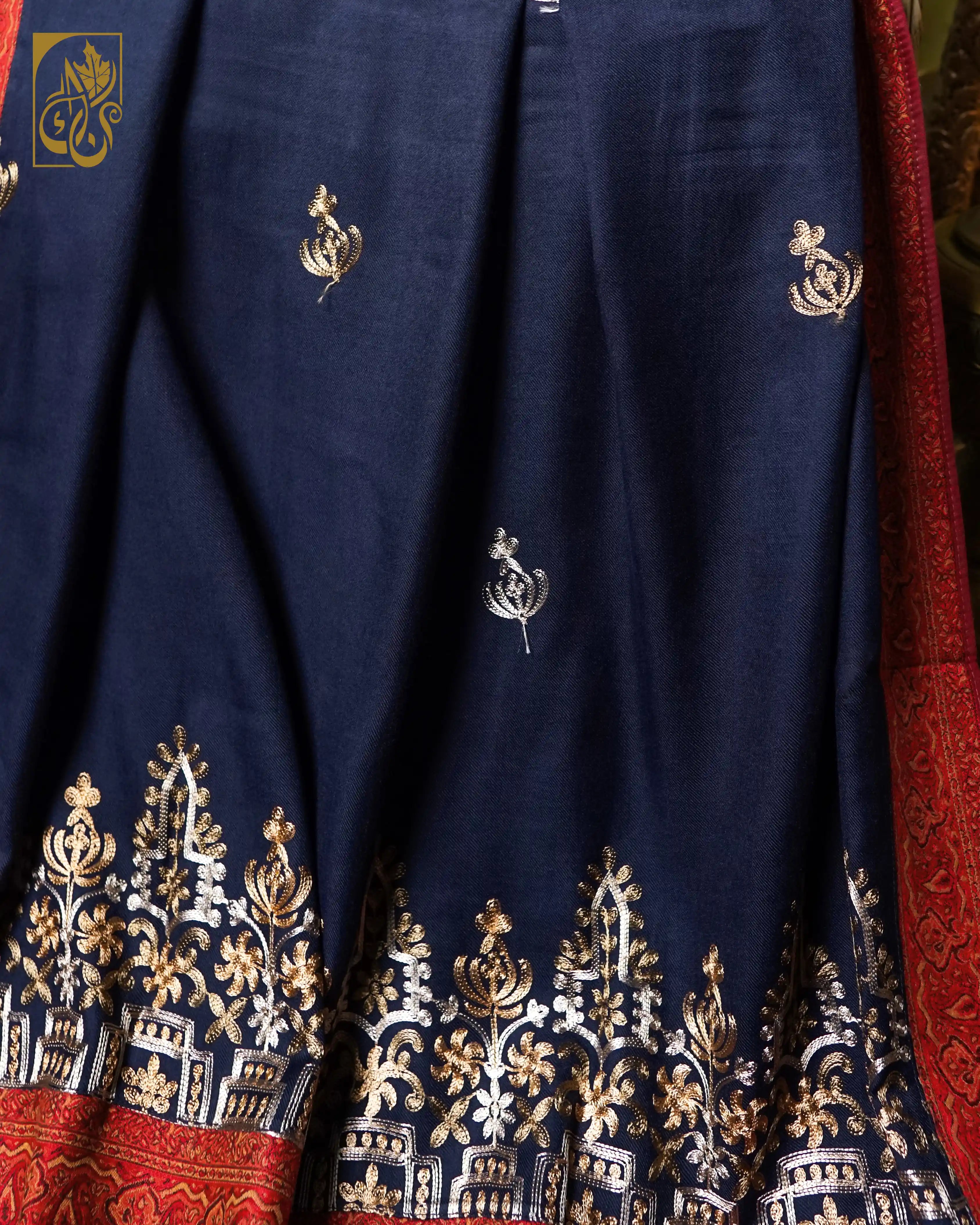 Navy, Ruby & Gold Opulence Chain Stitch Embroidery and Jacquard Border Wool Shawl
