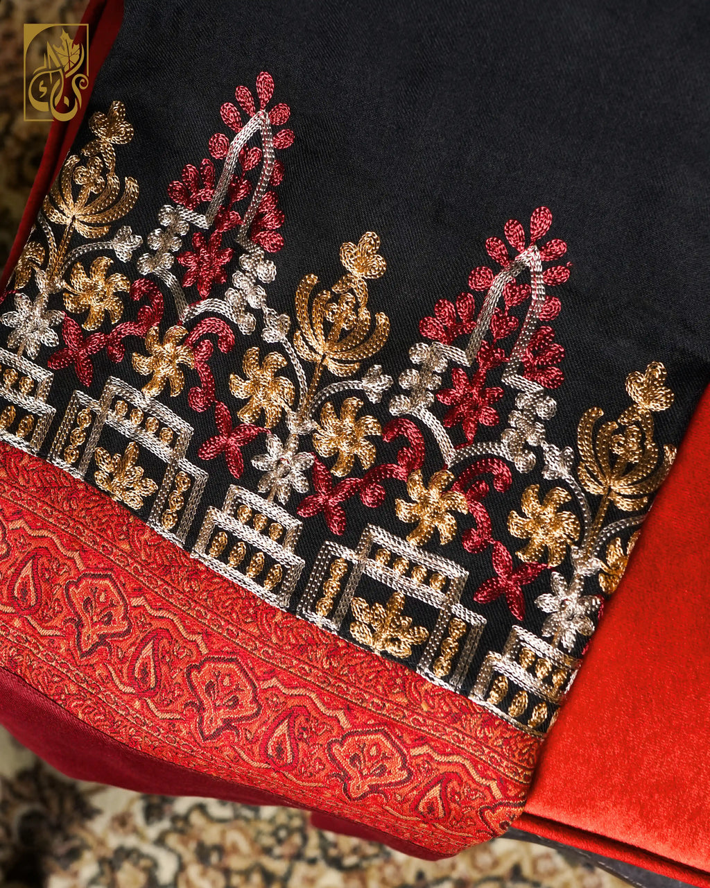 Exquisite Midnight Black and Royal Burgundy Chain Stitch Embroidery and Jacquard border
