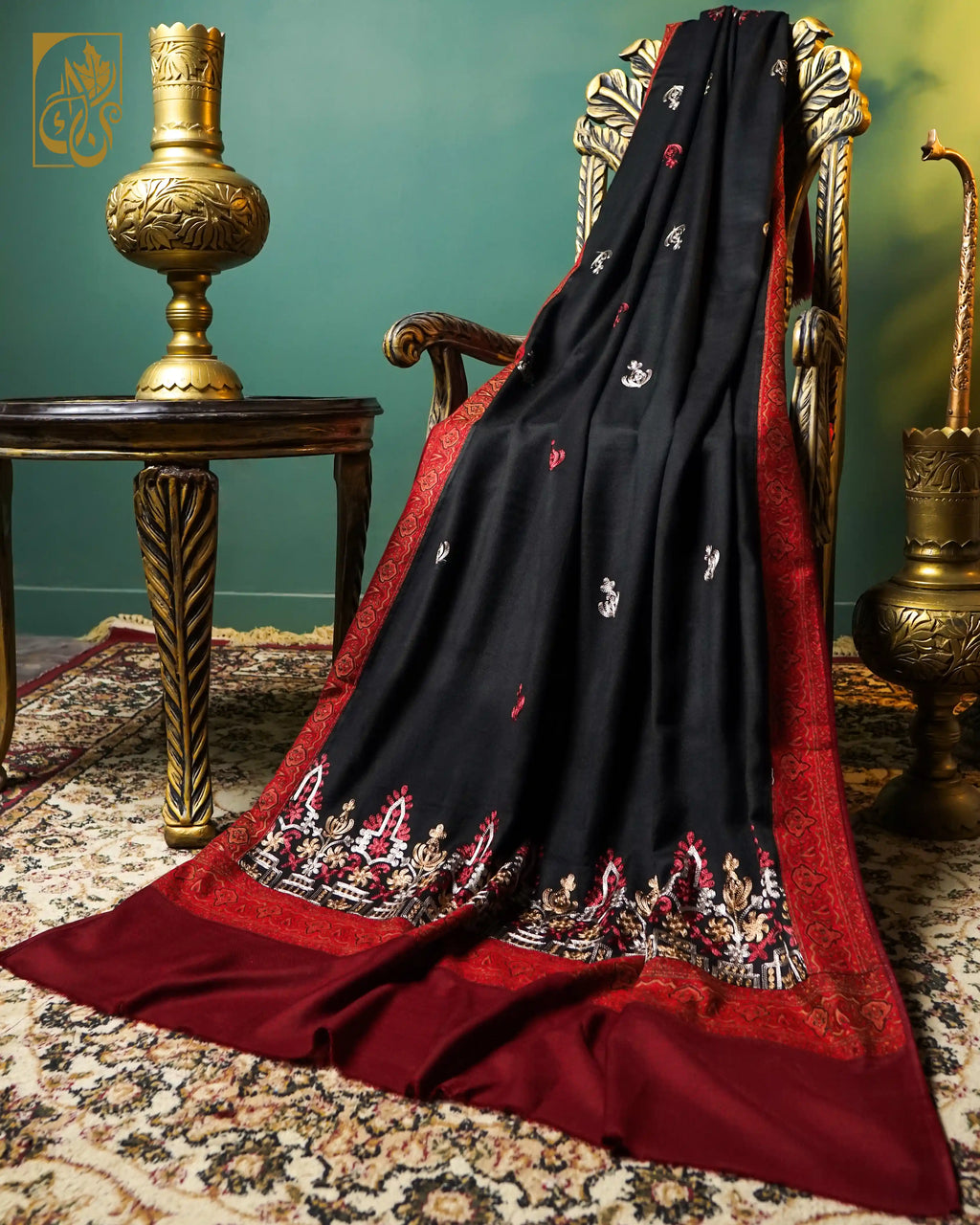 Exquisite Midnight Black and Royal Burgundy Chain Stitch Embroidery and Jacquard border