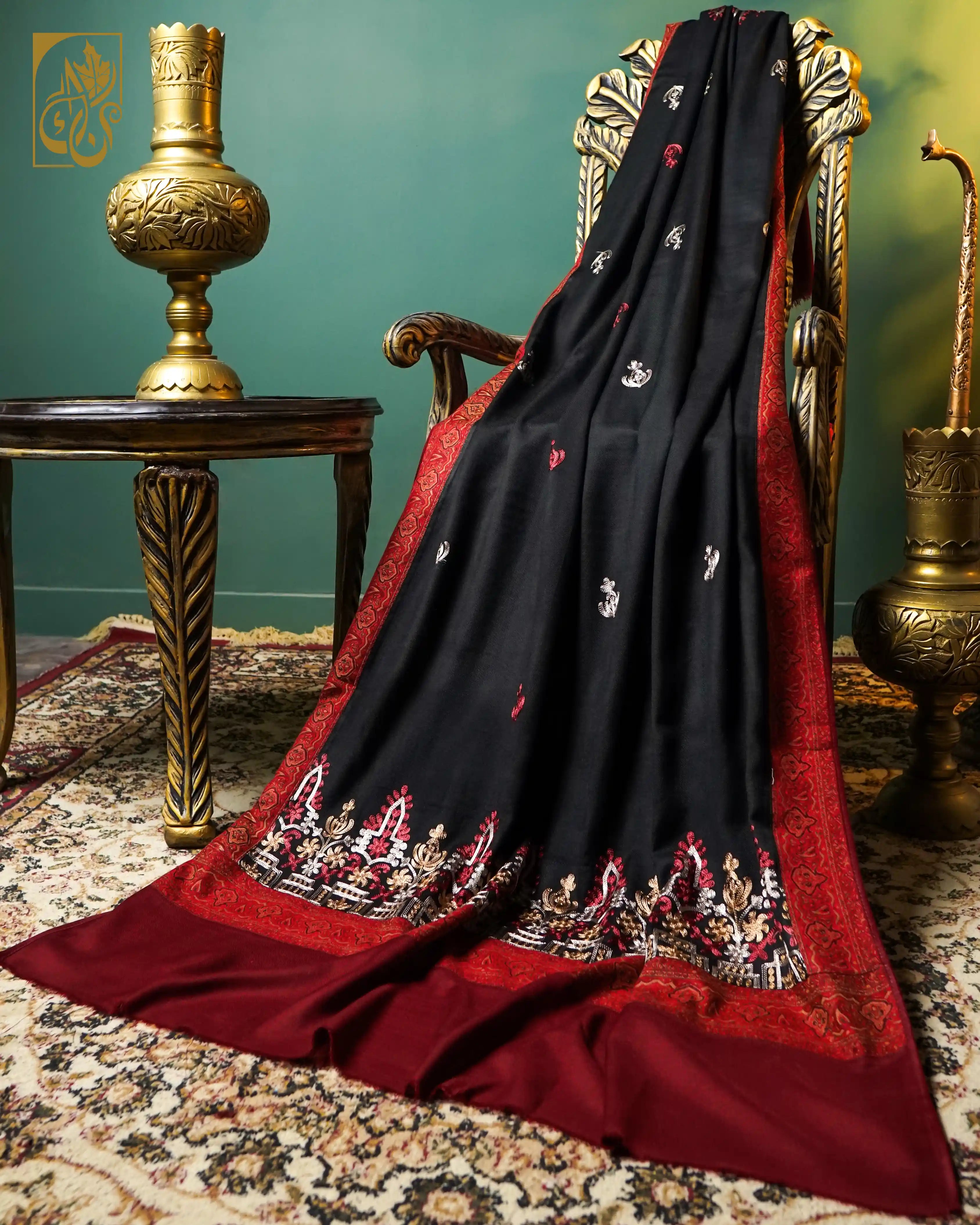 Exquisite Midnight Black and Royal Burgundy Chain Stitch Embroidery and Jacquard border