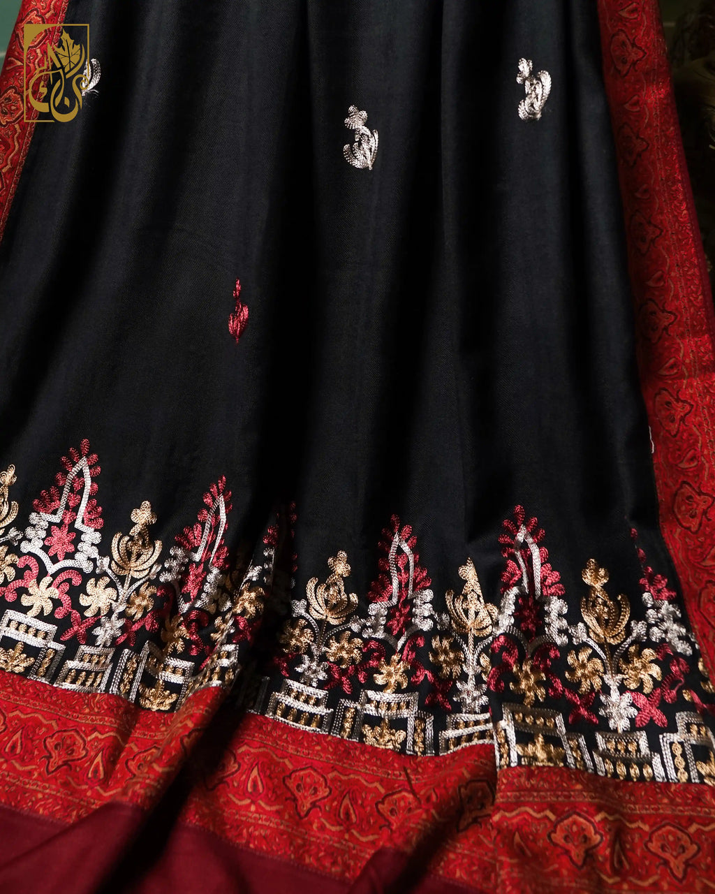 Exquisite Midnight Black and Royal Burgundy Chain Stitch Embroidery and Jacquard border