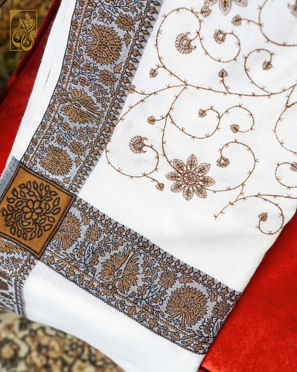 Pashmina Shawl with Celestial Bronze Zari Embroidery