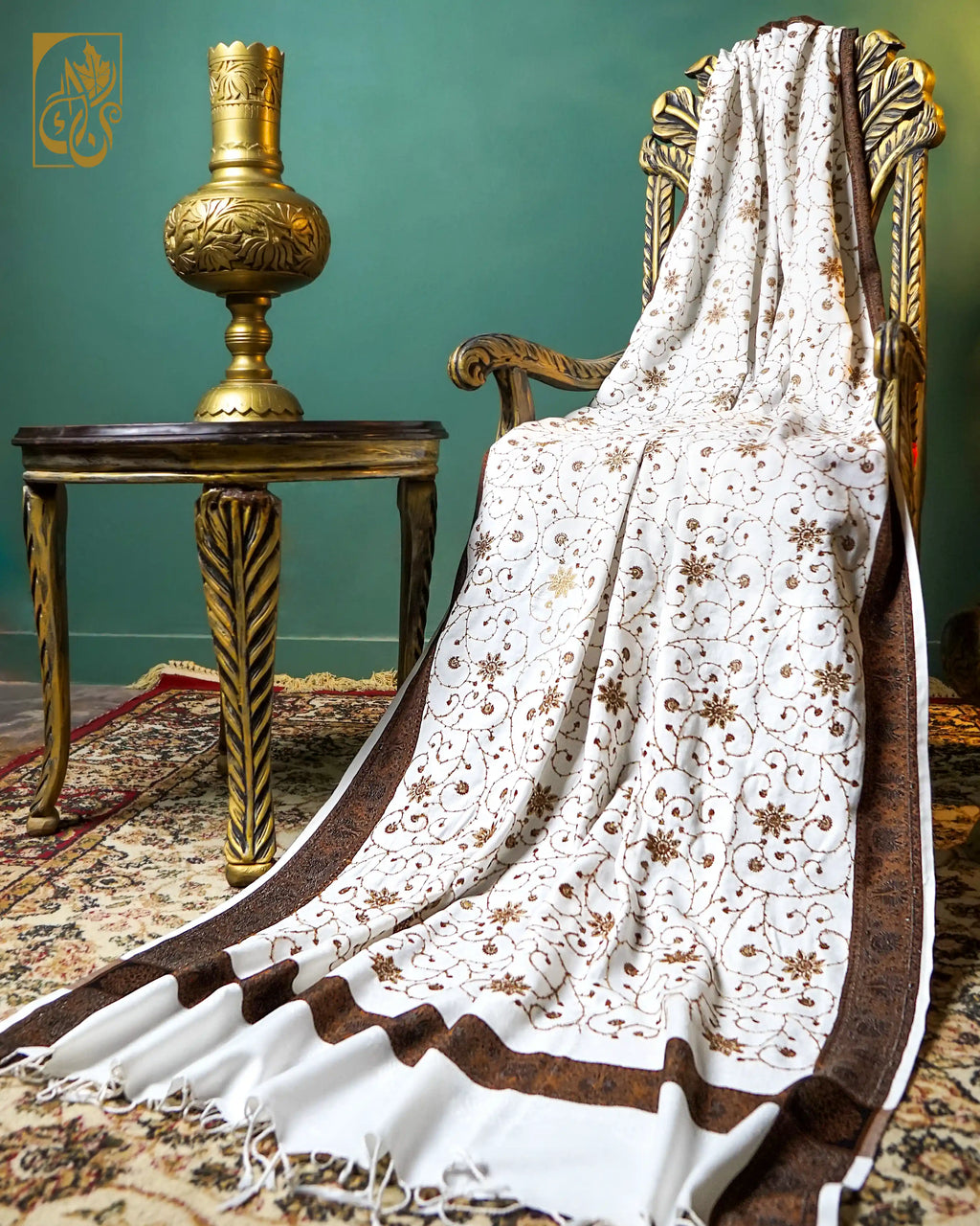 Pashmina Shawl with Celestial Bronze Zari Embroidery