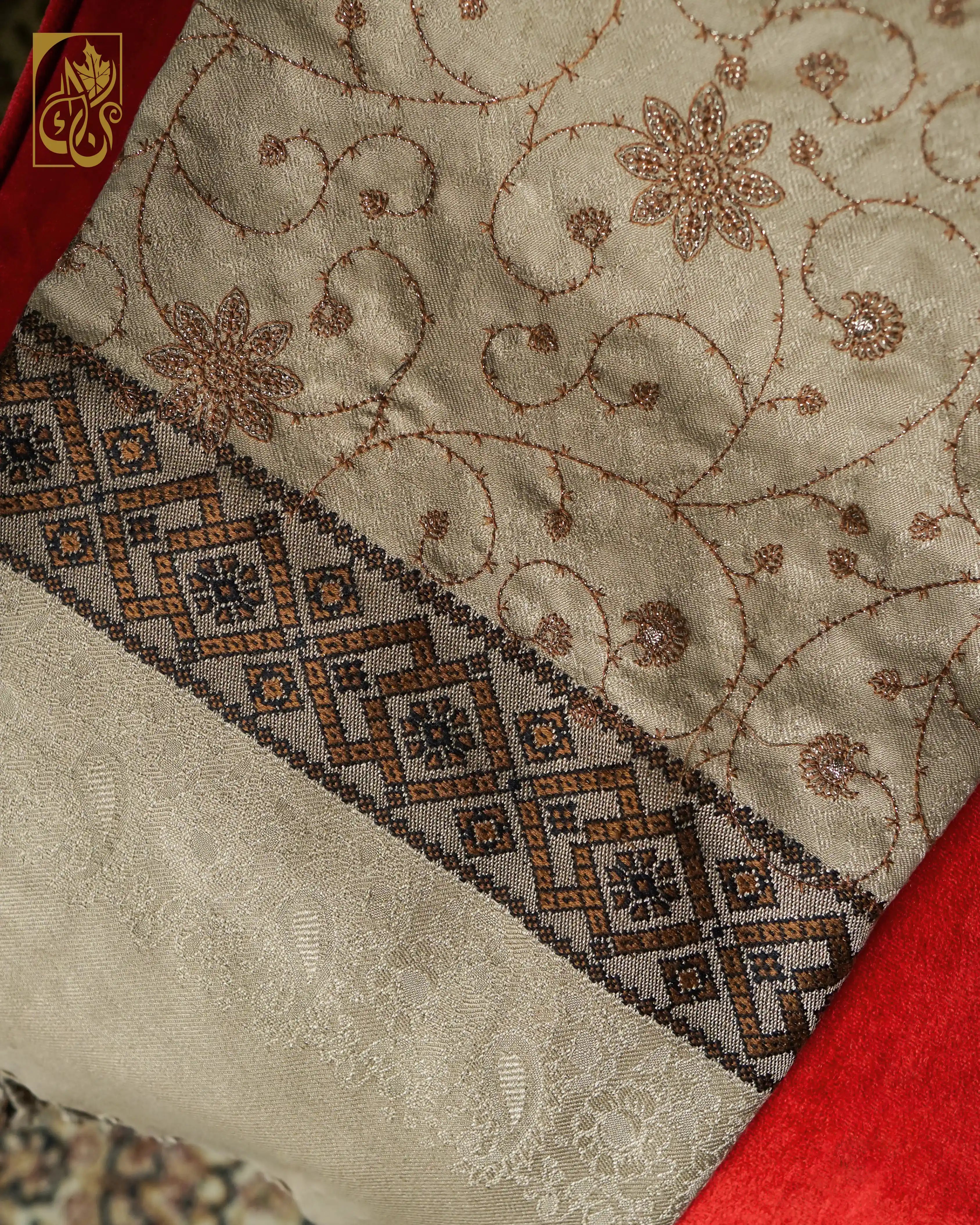 Fawn Taupe base, Bronze and Chocolate Celestial Gold Zari Embroidered Shawl