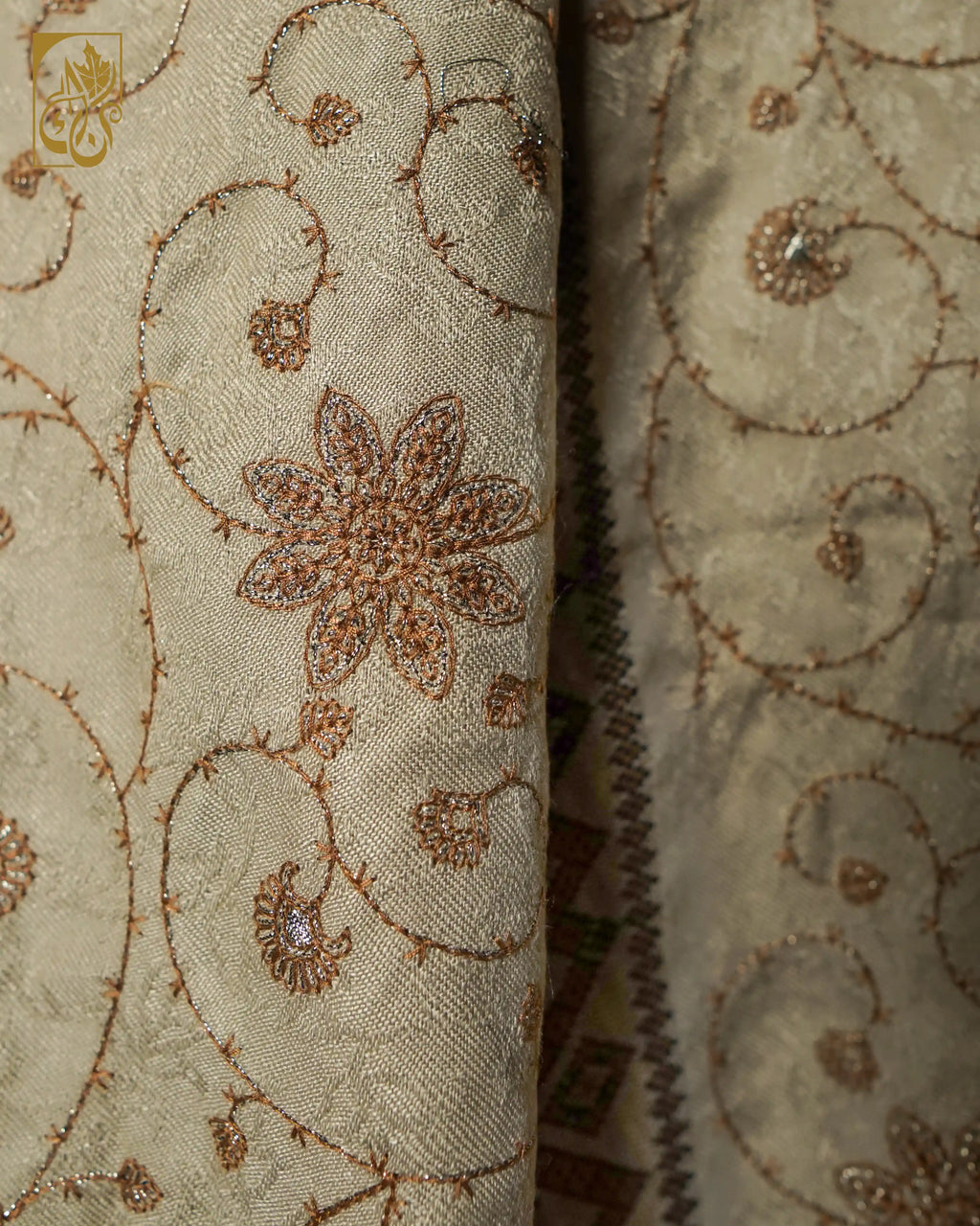 Fawn Taupe base, Bronze and Chocolate Celestial Gold Zari Embroidered Shawl