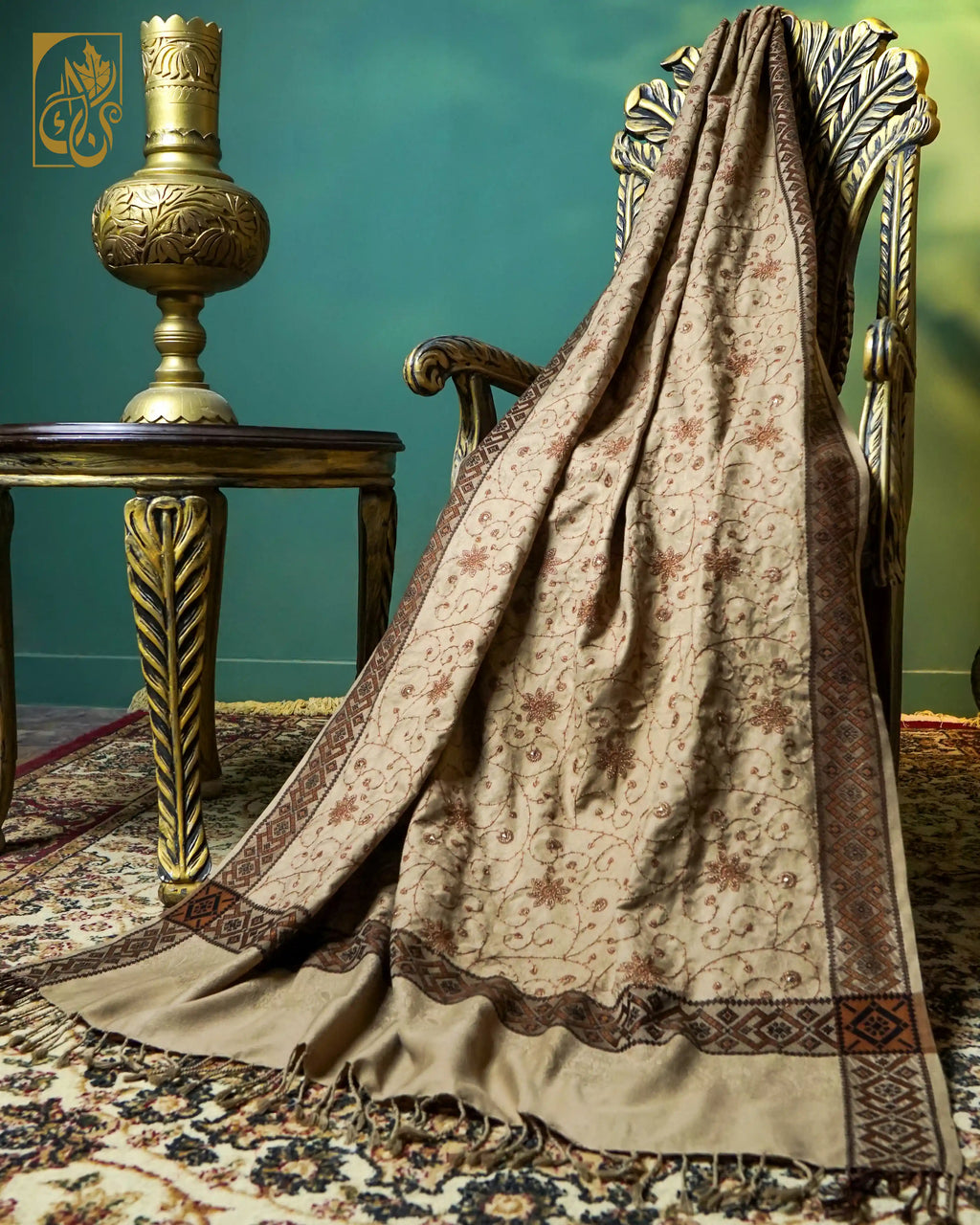 Fawn Taupe base, Bronze and Chocolate Celestial Gold Zari Embroidered Shawl
