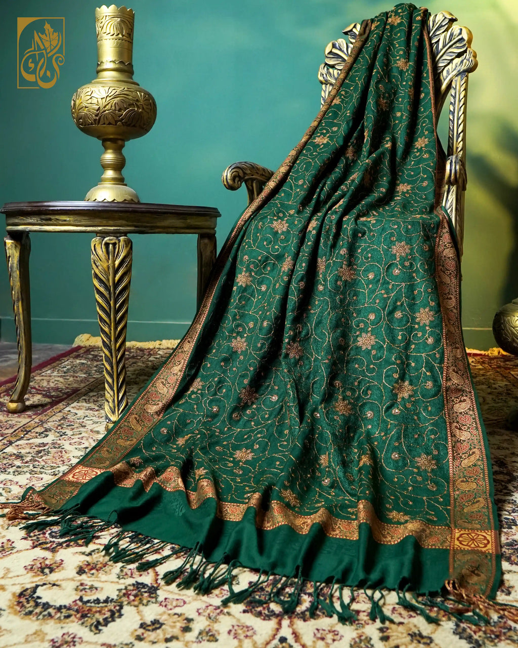 Pashmina Shawl with Celestial Gold Zari Embroidery