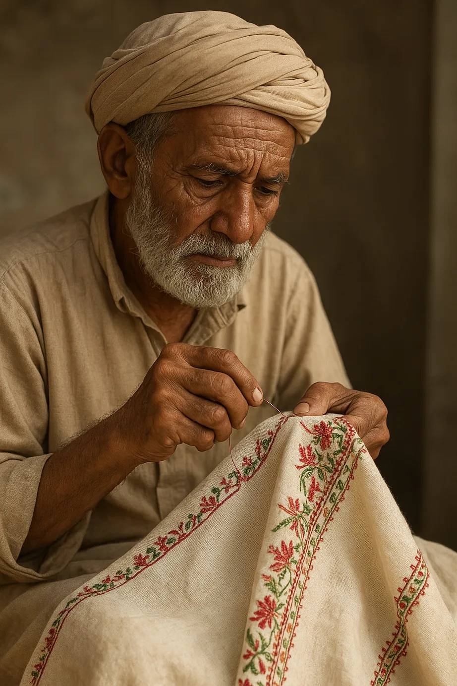 An elder embroiderer stitching a floral border onto an ivory shawl