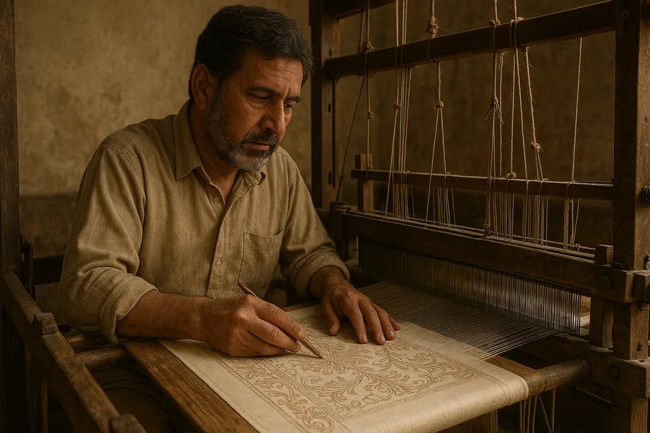A weaver working at a wooden handloom