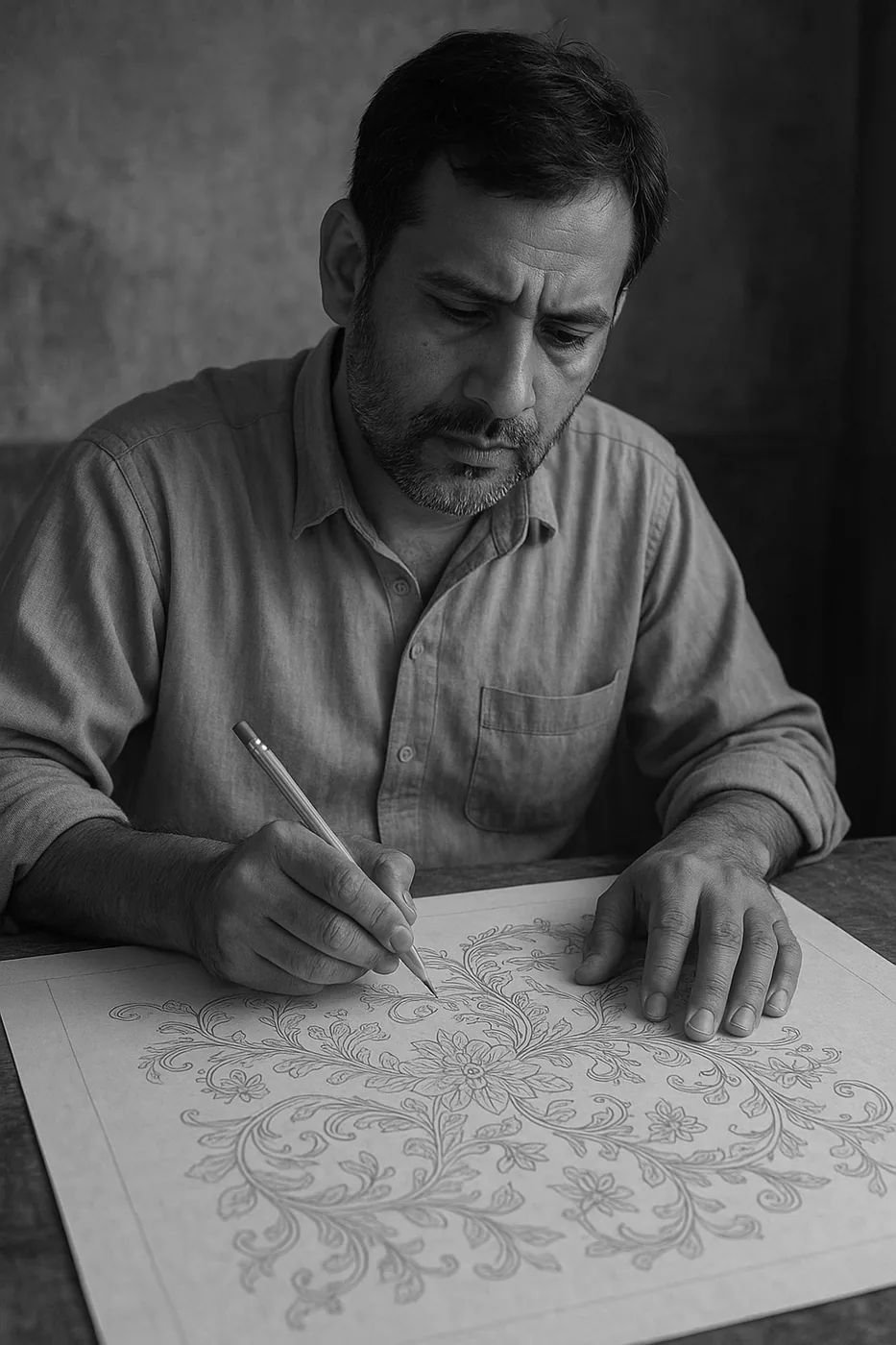 A pencil drawing of a floral Kashmiri pattern taking shape on paper