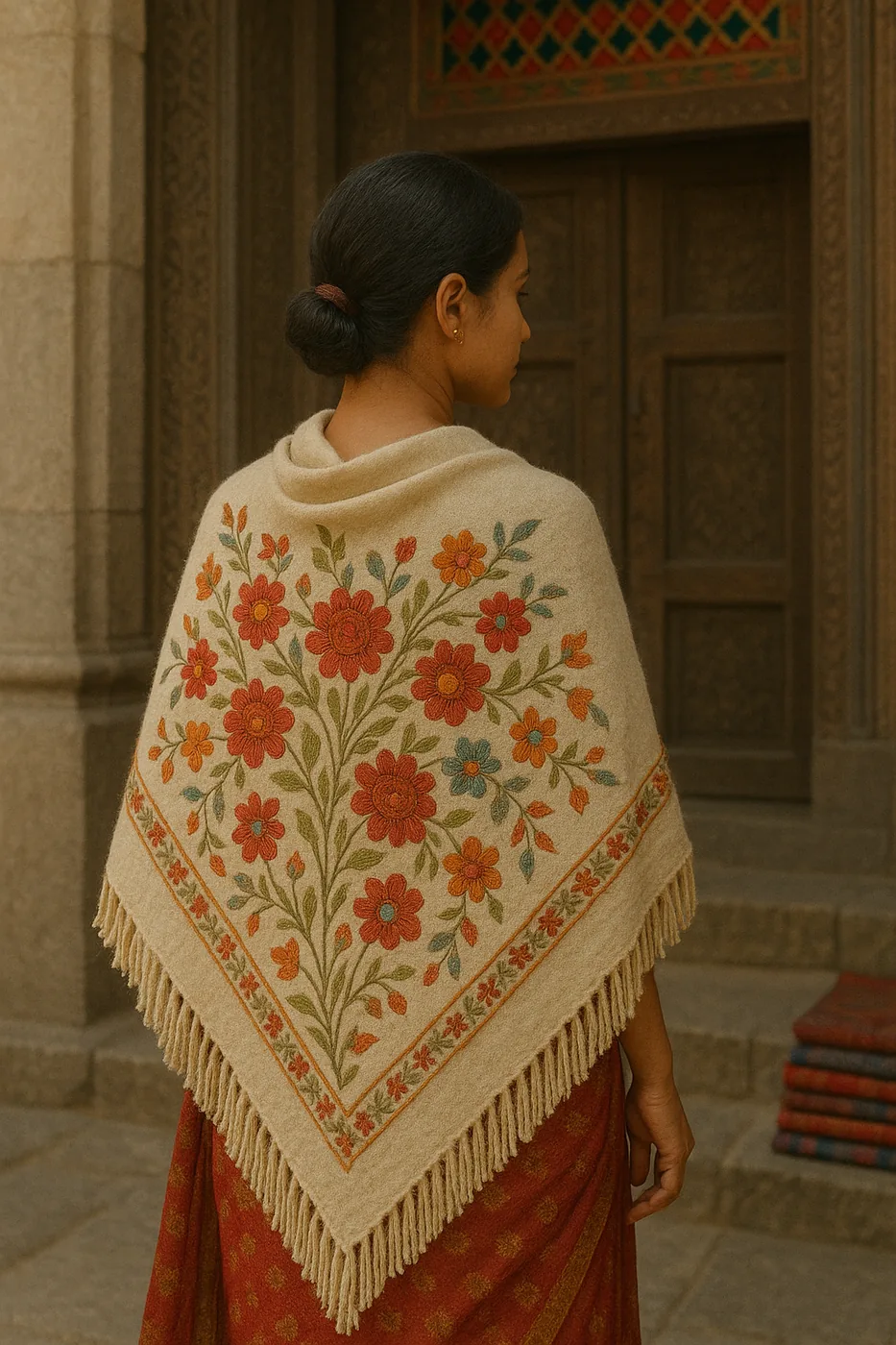A woman wrapped in an embroidered ivory shawl, seen from behind in a carved stone doorway